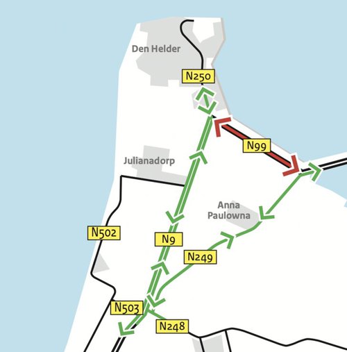 Kaart werkzaamheden N99 omleidingsroutes